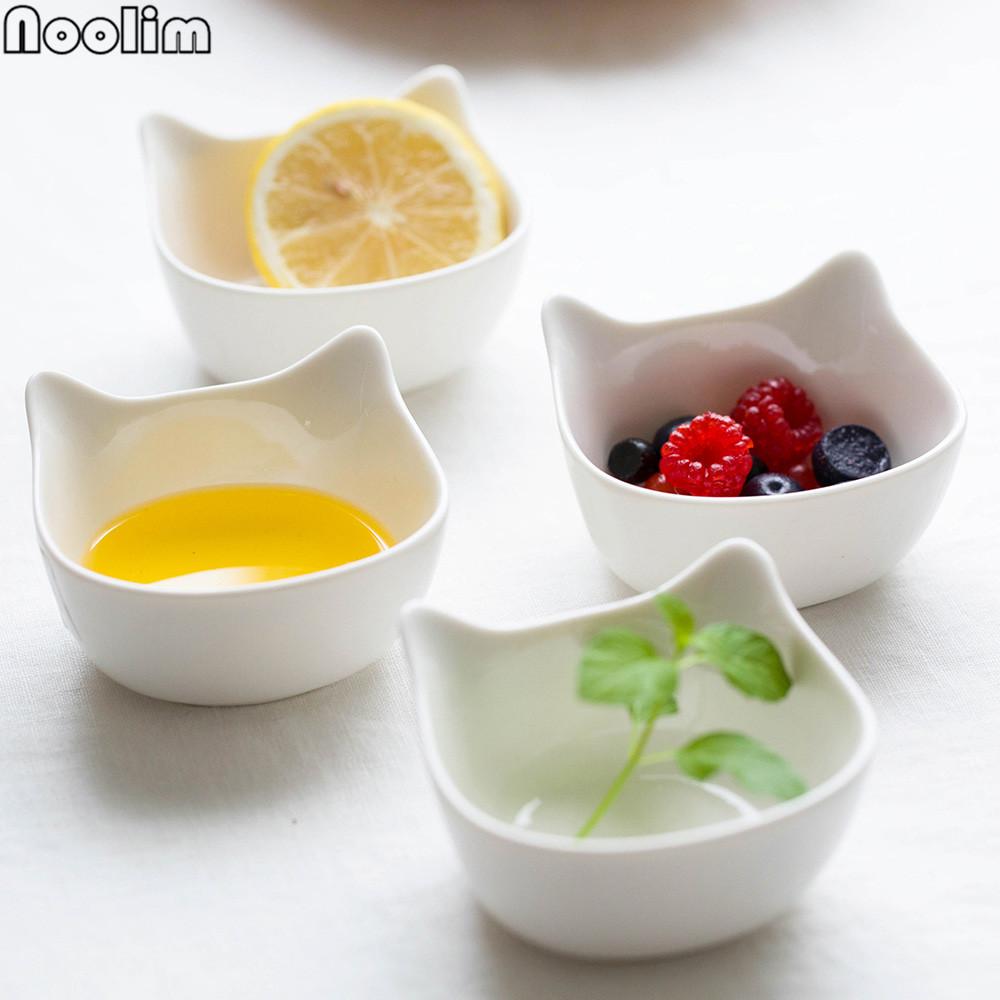 4 Pcs Ceramic Cat Bowls – White Porcelain Cartoon Design, Fruit & Snack Bowls for Kids