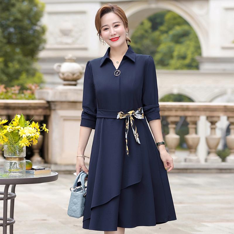 Spring 2026 Long-sleeve Dress for Middle-aged Women: Waist-cinching, Wide-leg Style for Spring and Autumn