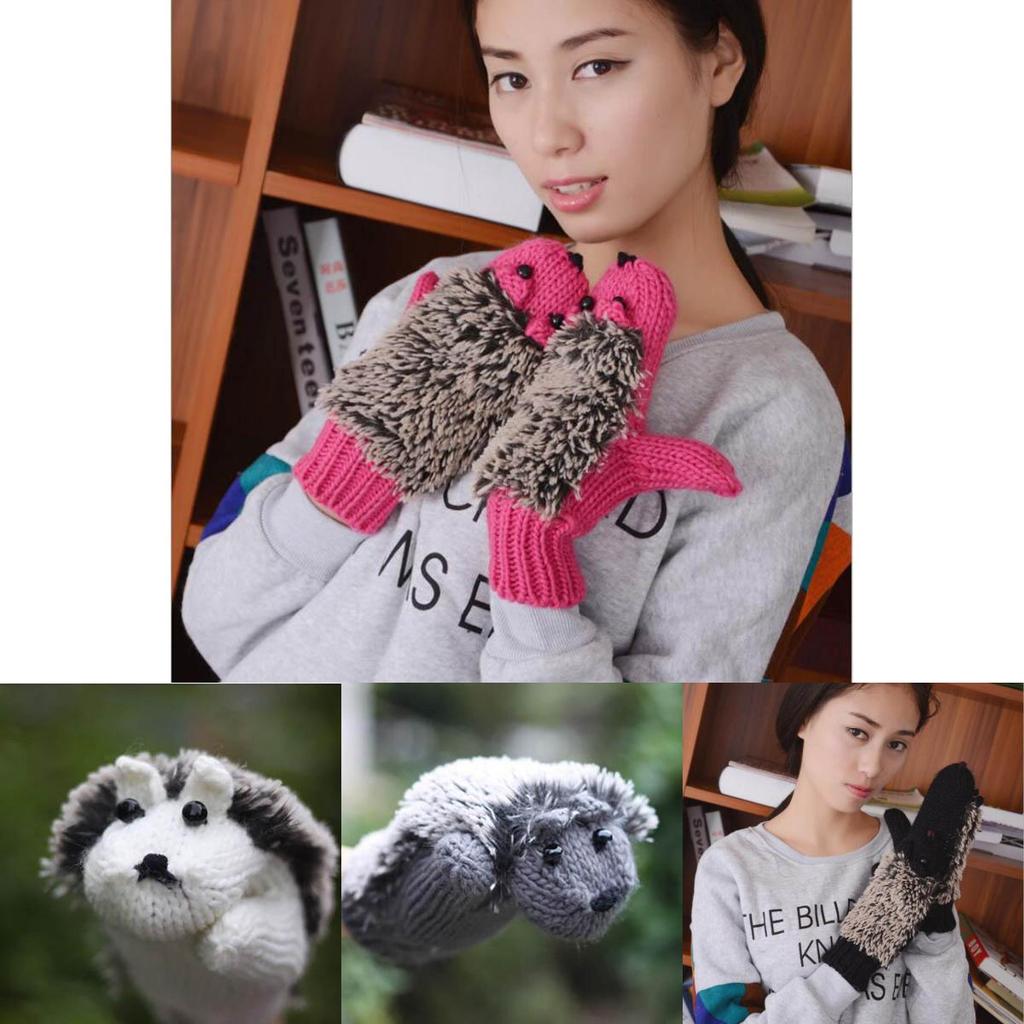 Cozy Women Girls Warm Cartoon Hedgehog Gloves Soft Knitted Winter Mittens
