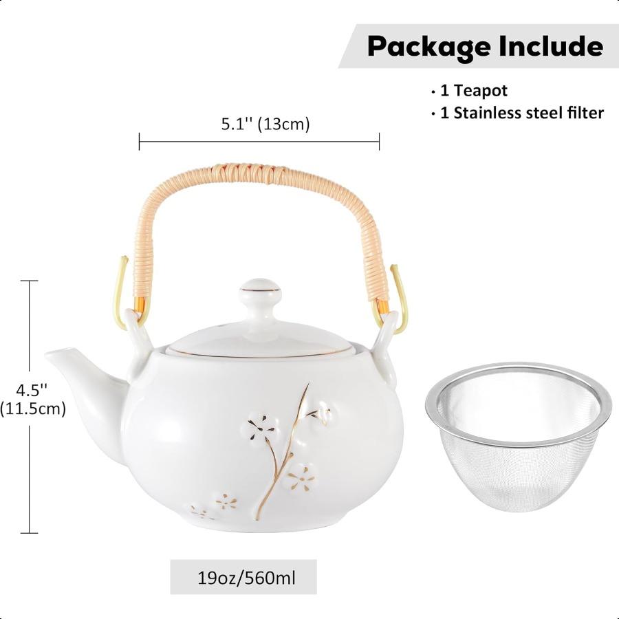 DUJUST Japonská konvička na čaj Bílý porcelán Čínská konvička na čaj s nerezovým sítkem Roztomilá konvička pro dospělé Milovníky čaje Ženy Muže Švestka