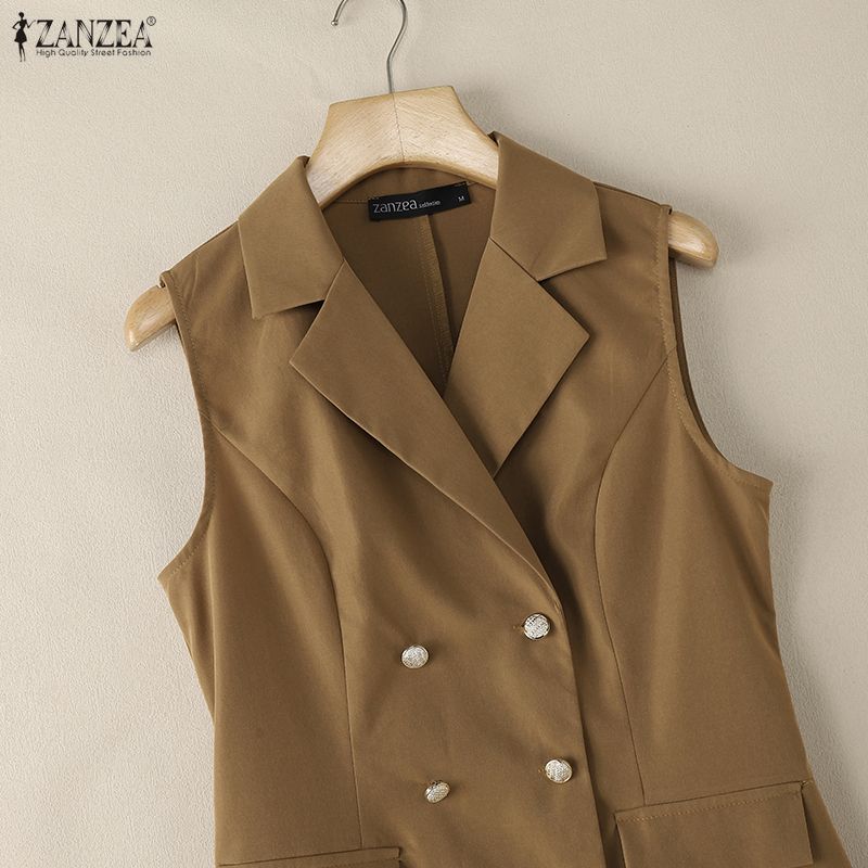 ZANZEA Women Casual Turn Down Collar Sleeveless Dress