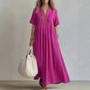 Europe and America 2026 New Women's Long Dress Casual Loose V-neck Short-sleeved Pleated Cotton and Linen Dress Women
