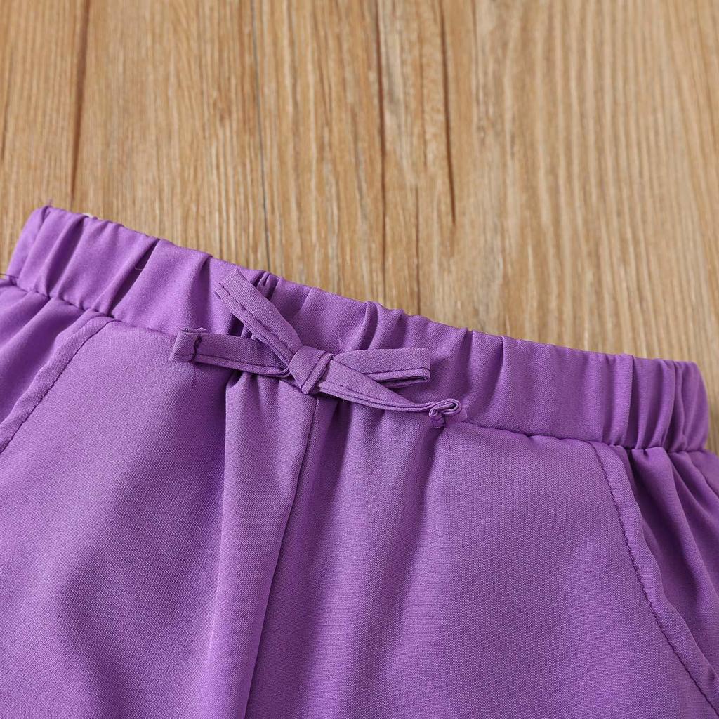 Kids Girls Clothing Set 1-6Y Summer Purple Puff Sleeve Off Shoulder Top with Elastic Waist Long Pants 2 Piece Outfit