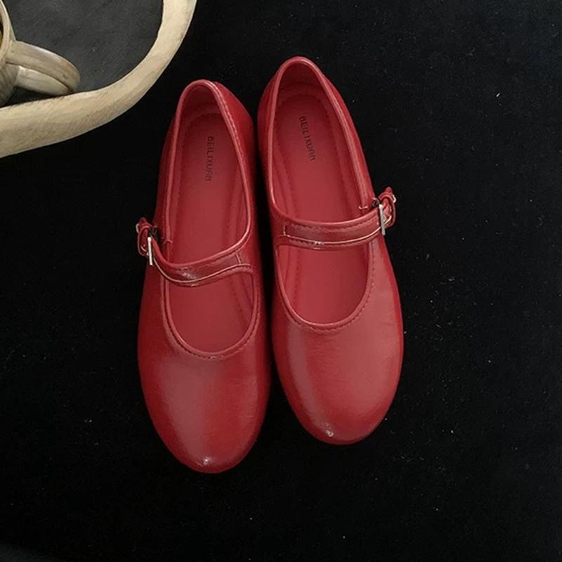 Fashion SUOJIALUN Spring New Women Flat Shoes Fashion Red Mary Jane Shoes Round Toe Ladies Ballerinas Shoes Shallow Slip On Dress Ballet