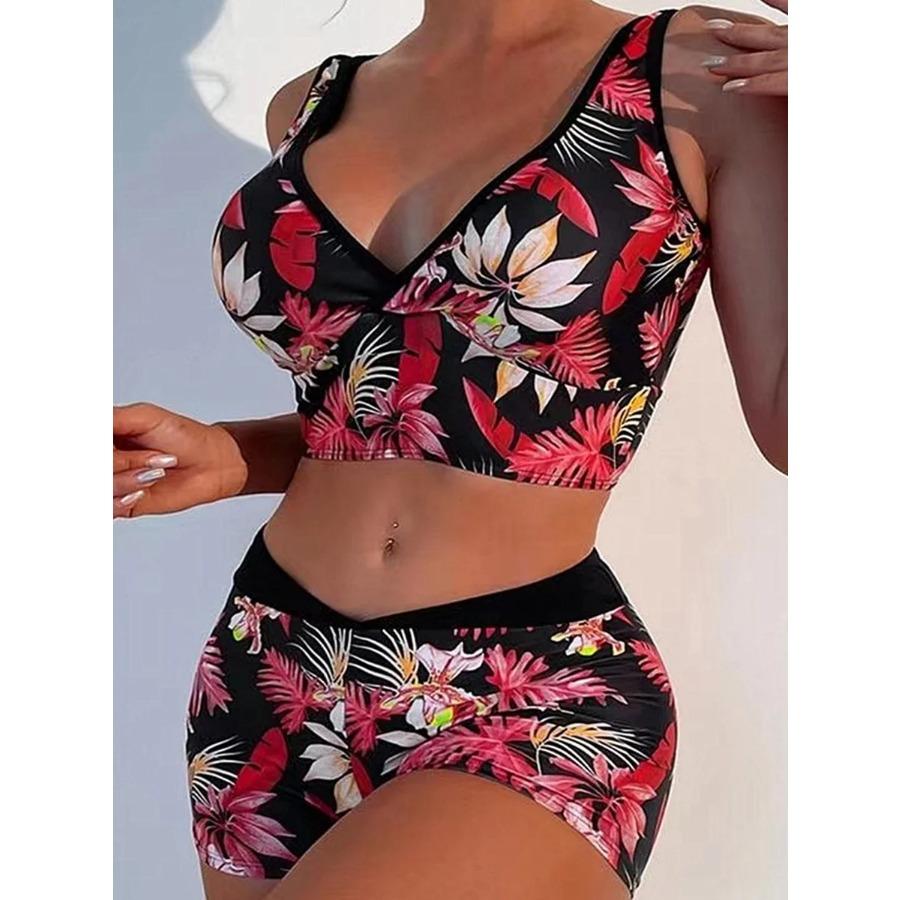 Print V Neck & Waist Boxer Bikini 2025 Swimsuit Women Padded Swimwear Female Bathers Bathing Swimming Swim Suit Beachwear
