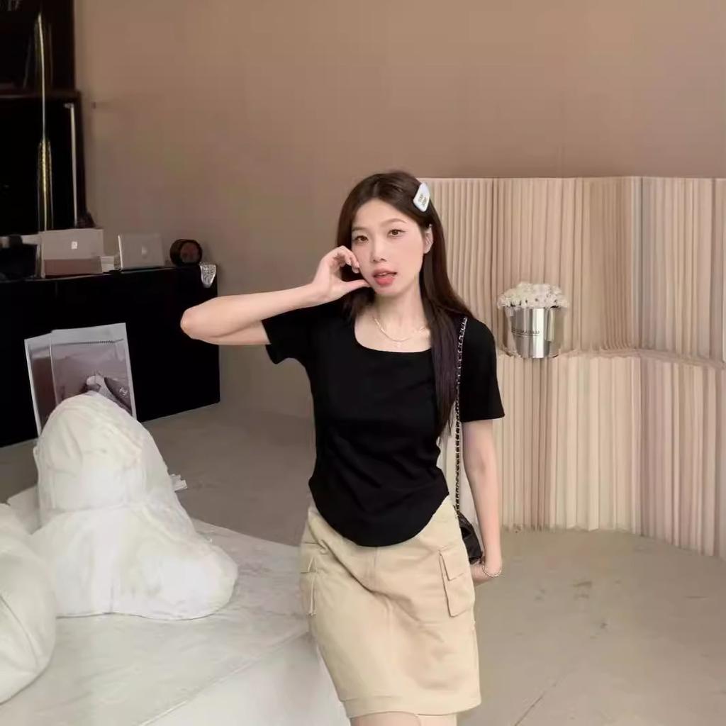 New design ins square neck short-sleeved front shoulder T-shirt women's summer sweet hottie curved hem slim-fit short top