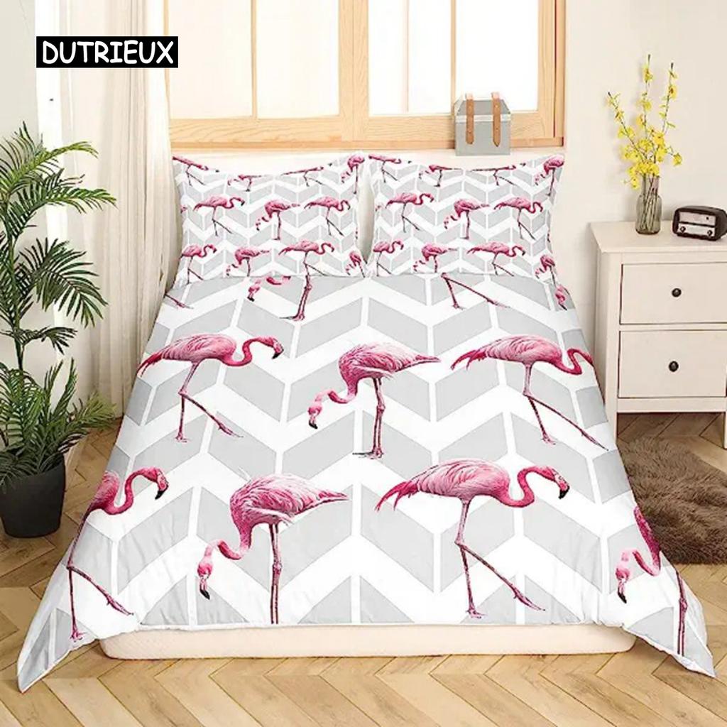 Flamingo-Bettbezug, Palmblatt, Kingsize, Tukan, Flamingos, Bettbezug, Mädchen, Jungen, Erwachsene, tropische botanische Blätter für das Wohnzimmer