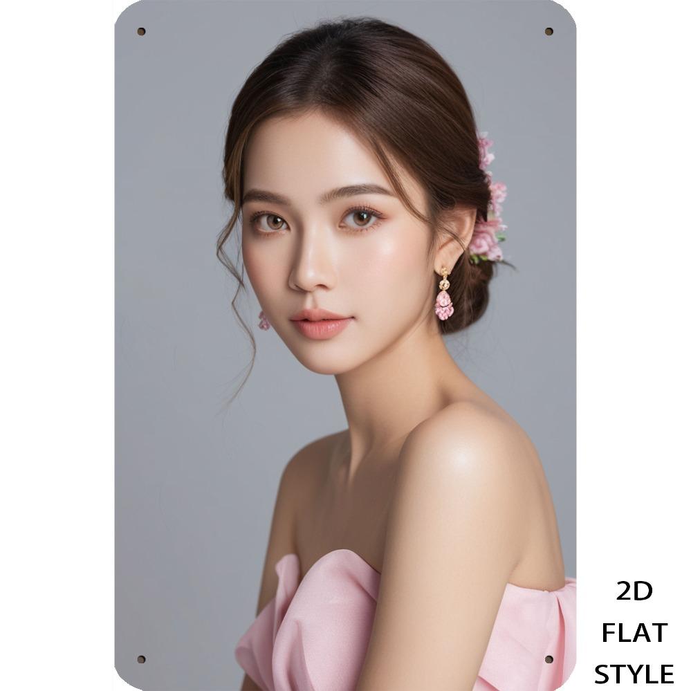 

HD Tin Sign Elegant Young Asian Lady in Pink OffShoulder Dress with Floral Hair Accessories Retro Metal Wall Decor for Man Cave 20x30cm（7.8x11.8inch）