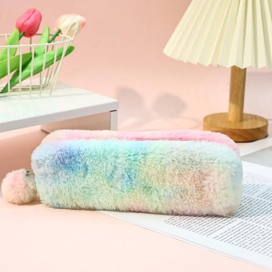 Plush Pencil Case Octagonal Shape Large Capacity Pencil Pouch Gradient Colors Zipper Storage Pouch for Stationery Cosmetics And Personal Items