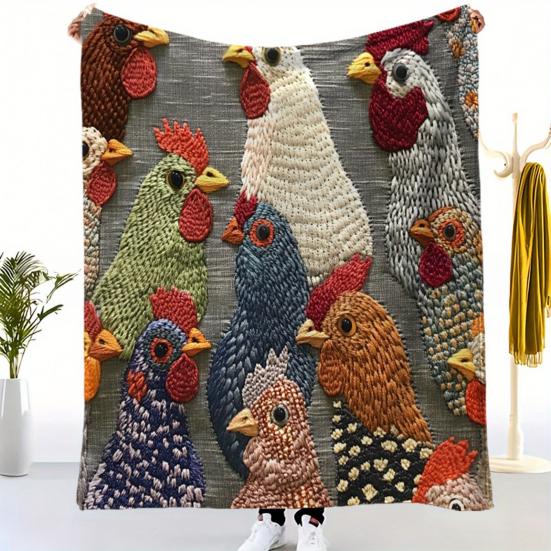 Fun Chicken Head Pattern Plush Blanket Chicken Head Pattern Printed Farmhouse Blanket Vintage Soft Cozy Colorful Rooster Flannel Blanket for Couch