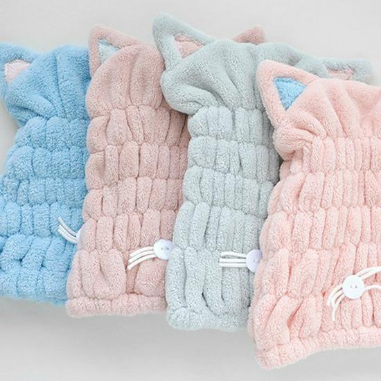 Women's Quick-Dry Coral Fleece Hair Wrap - Soft, Absorbent Cat Ear Bath Cap