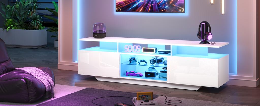160*40*45cm TV Stand with 2 Cabinets, High-Gloss TV Cabinet with LED Light Strip, Modern TV Entertainment Center with 8 Shelves, MDF, 70-Inch TV