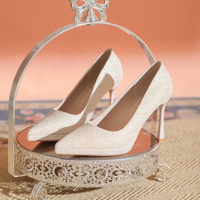 Champagne Waterproof Table High Heels Female Bride Bridesmaid Shoes Two Wear Thin Heels Light Mouth Single Shoes Can Be Worn Daily