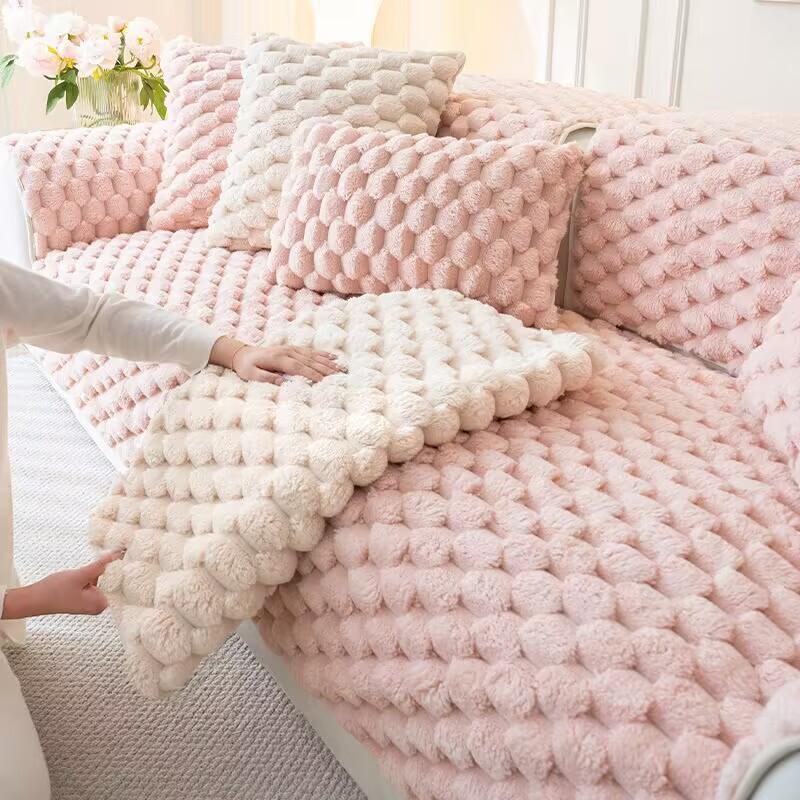 Rabbit Velvet Sofa Cover Thickened Plush Couch and L Shaped Cushion Towel Non-slip Machine Washable Slipcover