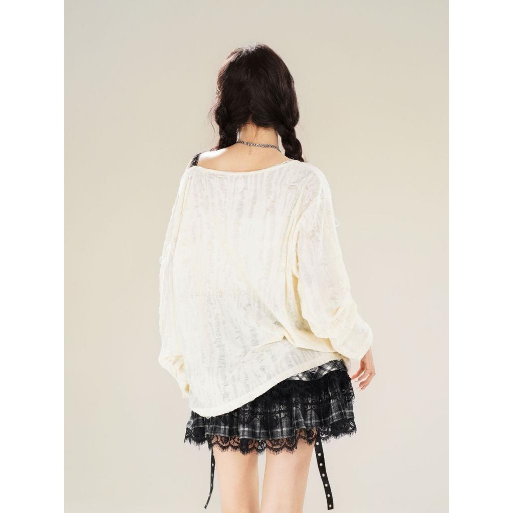 2KWEIRD Y2k Aesthetic Sexy Off Shoulder Lace Patchwork T-shirt Streetwear Letter Printing Tshirts Women Grunge Hole Loose Harajuku Tees