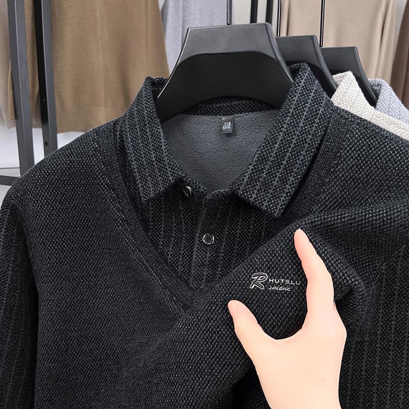 Brand Luxury Men'S Plush Fake Two Piece Long Sleeve Knitted Sweater Winter New Solid Color Print Warm Fashion Business Menswear