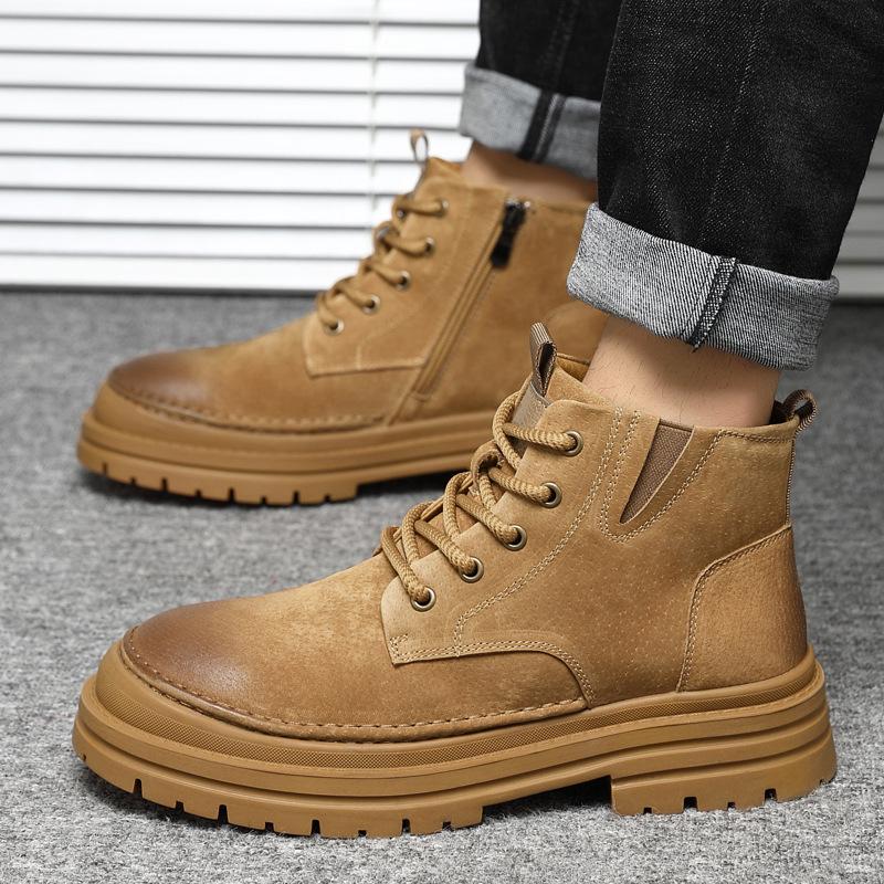 New Men Shoes Genuine Leather Boots Outdoor Casual Hiking Shoes Winter Thick-soled Short Boots