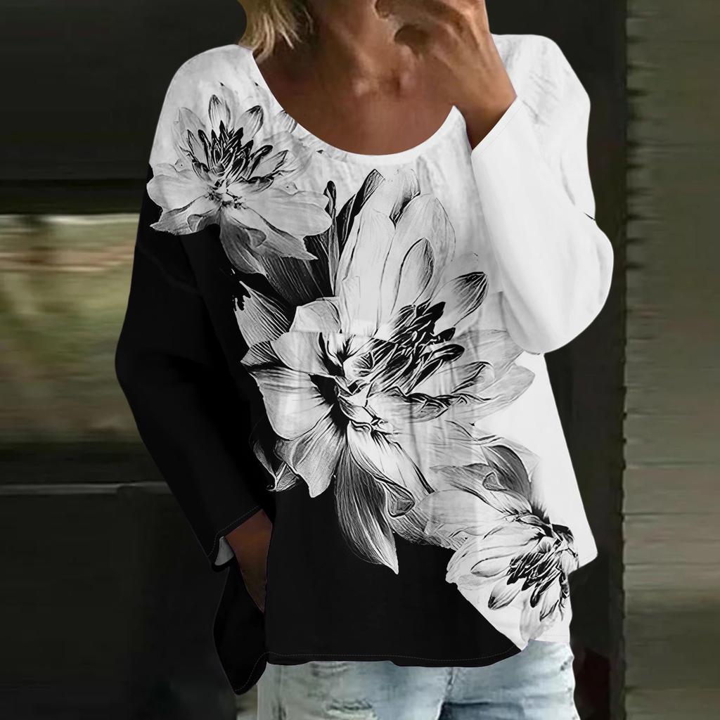 Women's Casual Fashion Loose Round Neck Floral Print Long Sleeve Top