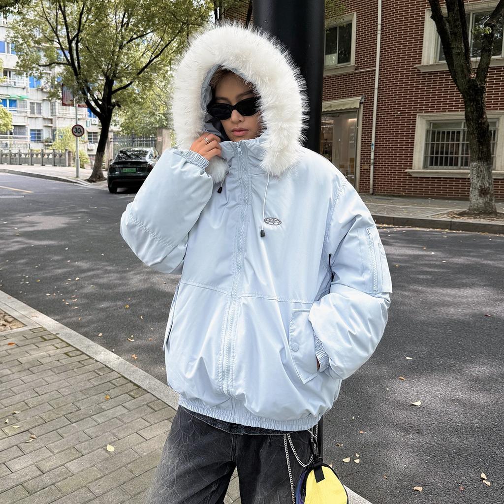 Men's and women's fur collar hooded cotton clothes Women's winter cotton-padded clothes Couple clothes Thickened warm jacket pie clothes