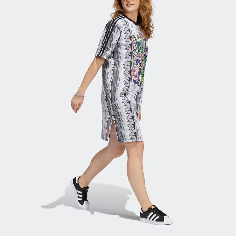 adidas Originale Kurzarmkleider Damen Grau Rundhalsausschnitt Mittellang HC3083