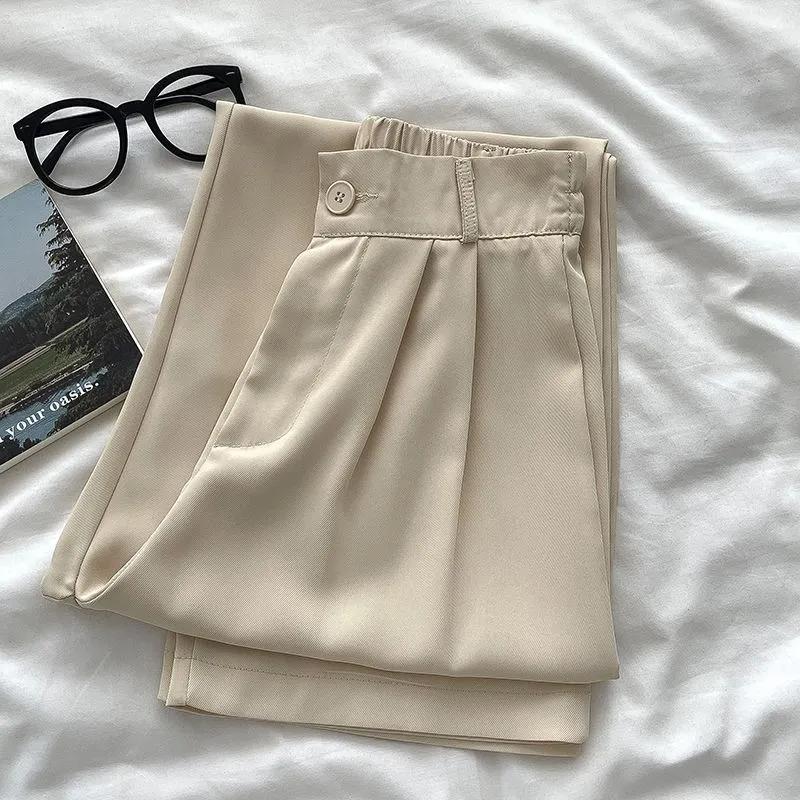 Women's Black Elastic Waist Wide Leg Trousers Casual Loose-fit Suit Pants