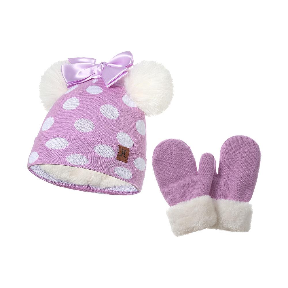 Bow Knot Polka Dot Woolen Hat Scarf Two-piece Set for Autumn and Winter Girls and Babies, Warm Set