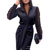 Dames Lange Mouwen V-hals Kantinzet Tailleband Split Midi Jurk Elegante Kantoor Werkkleding