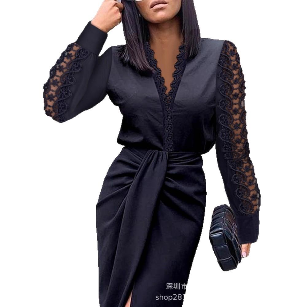 Dames Lange Mouwen V-hals Kantinzet Tailleband Split Midi Jurk Elegante Kantoor Werkkleding