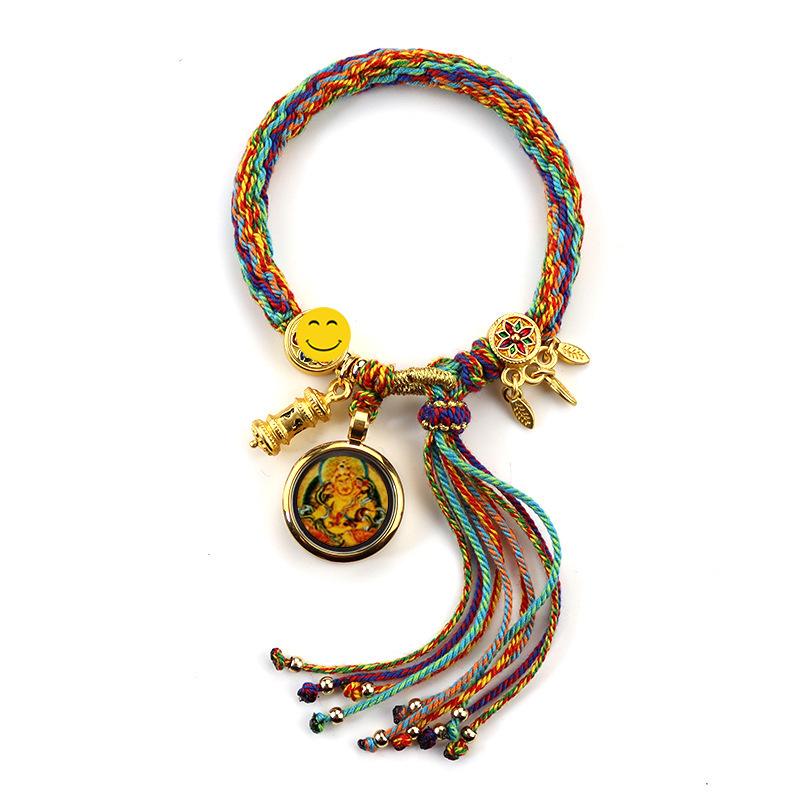 Woven Zhakiram Five Wealth Gods Eye Bracelet with Green Tara and Manjushri Thangka Design