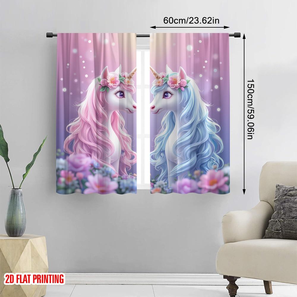 2D Flat Printing 2pcs Window Curtains Rainbow Floral Unicorn Versatile Durable Polyester Without Electricity Festive Wall Decor