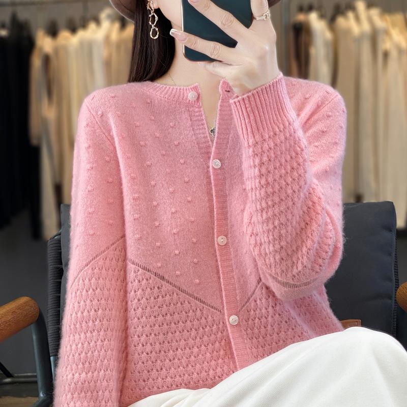 

New Hollow Cardigan Women s Crew Neck Long-sleeved Knitted Top M