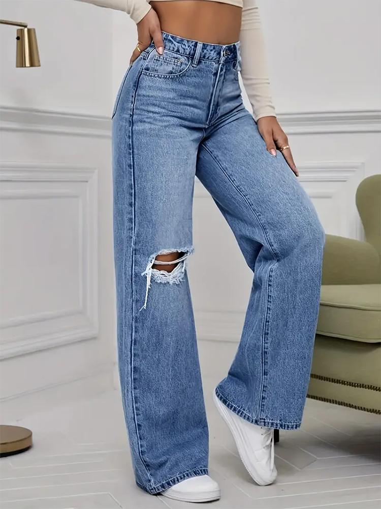 Puffanpop Jeans Rasgados para Mujer Lavado Retro Pantalones de Denim de Cintura Alta Jeans Rectos Sueltos Pantalones Boyfriend