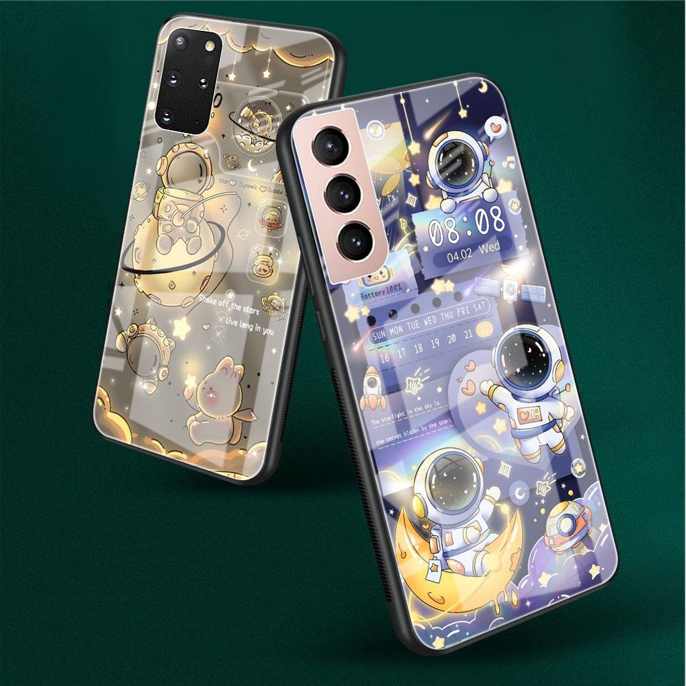 Glass Case For Samsung Galaxy S22 S20 FE S21 5G S10 S9 Plus Note 10 20 Lite Tempered Phone Cover Astronaut Cartoon