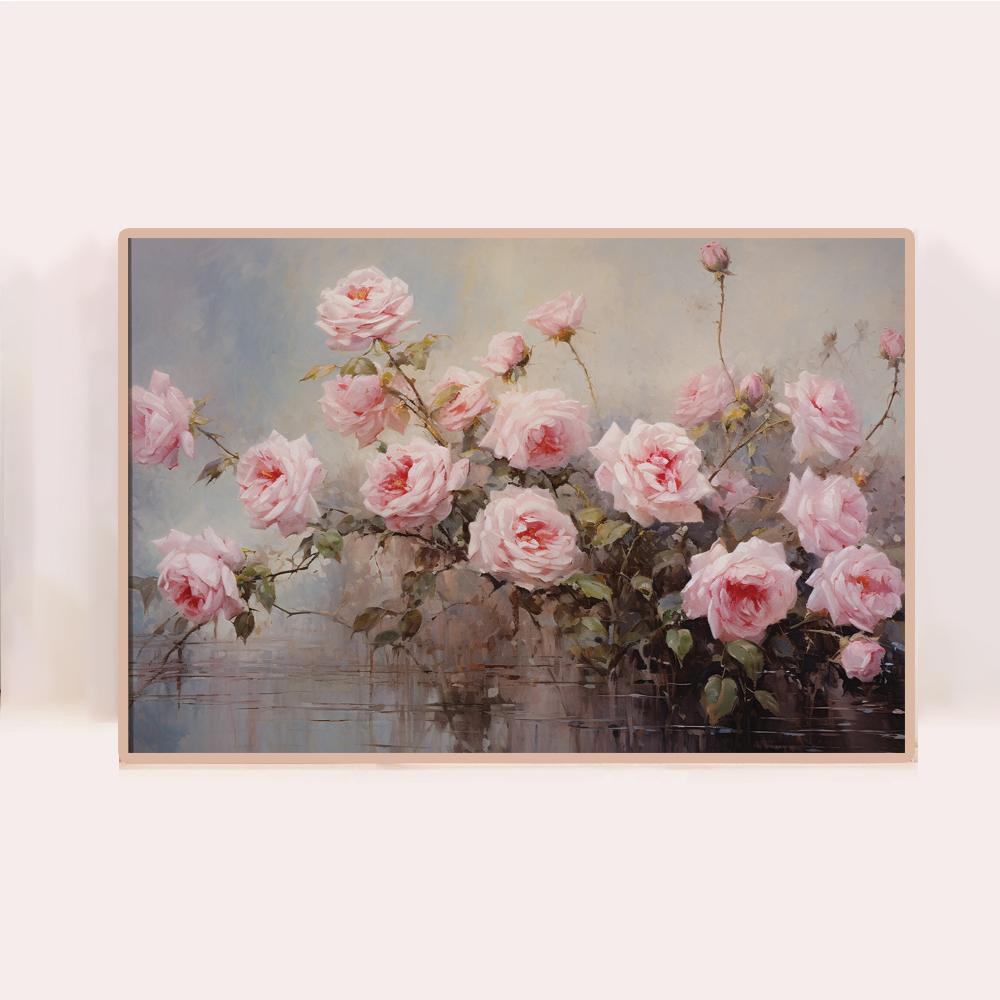 Dipinto ad olio vintage di fiori Rosa rosa vaso finestra vicino al fiume poster pittura su tela arte da parete immagini arredamento per la casa