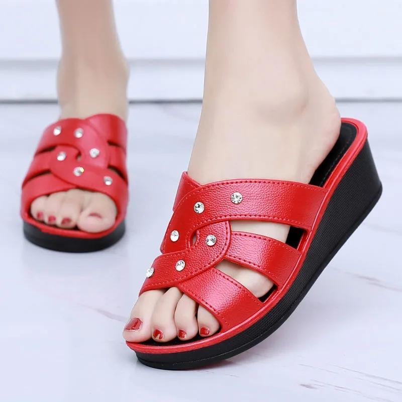 WTEMPO Damen Hausschuhe mit hohen Absätzen Oberbekleidung Dicksohlige Haushalts-Anti-Rutsch-Schuhe im Sommer Weichsohlige Übergröße Keilabsatz-Sandalen