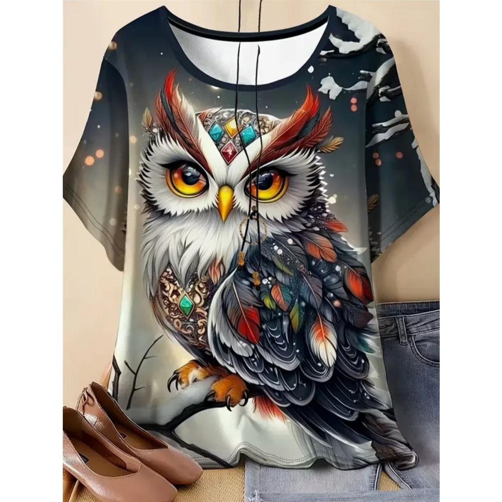 Ladies Fashionable Comfortable Printed Animal T-shirt Interesting Animal Owl Bird Patterns Loose Breathable Large Size Short Sleeved T-shirt