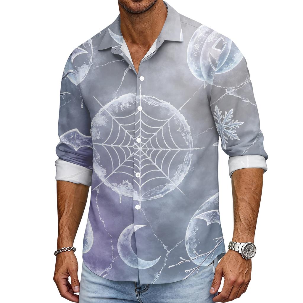 Men's Loose Fit Long Sleeve Shirt Halloween Pumpkin Print Casual Button Down Shirt Vintage Style Breathable Fabric Comfortable for Outdoor Workwear
