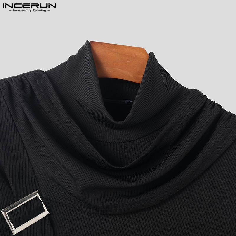 INCERUN Herren T-Shirt mit hohem Wasserfallausschnitt und Patchwork-Ärmeln, legere Passform, unregelmäßige Lagen