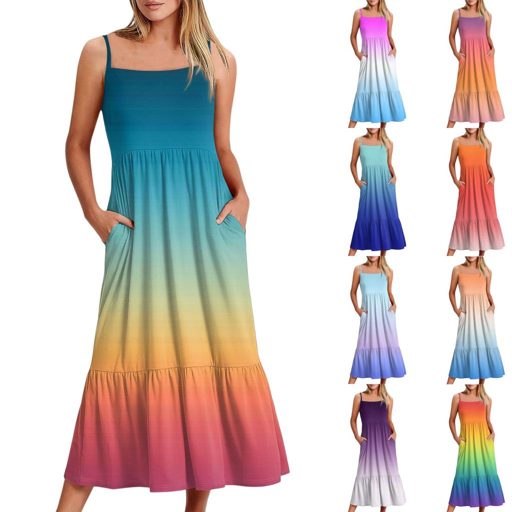 Kvinners Lang Strand Casual Elegant Spaghettistropp Maxi Kjole Gradient Farge Lavmælt Flytende Bohemsk Kjole