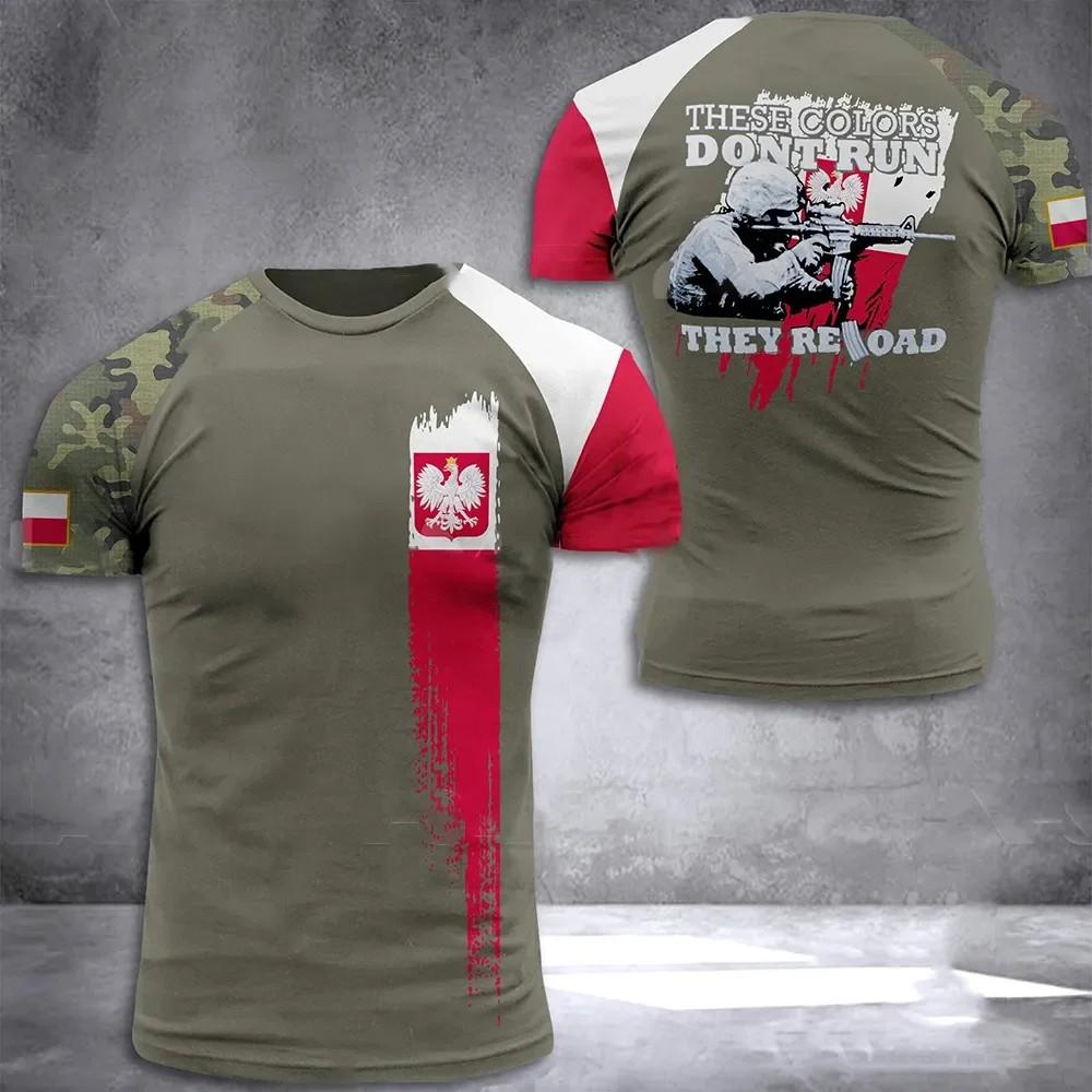 

3D футболка з камуфляжним принтом польського прапора з круглим вирізом Чоловіча солдатська армійська швидковисихаюча вільна зручна спортивна топка з короткими рукавами XXL
