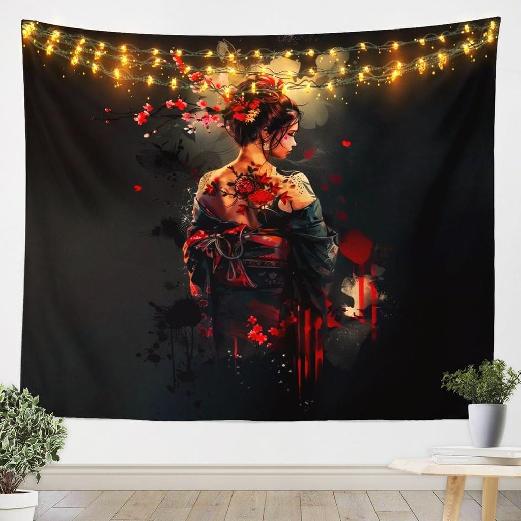 Japanese Girls Geisha Tapestry Large Kids Pink Cherry Blossoms Wall Hanging for Boys Teens Japanese Ukiyoe Wall Blanket Mount