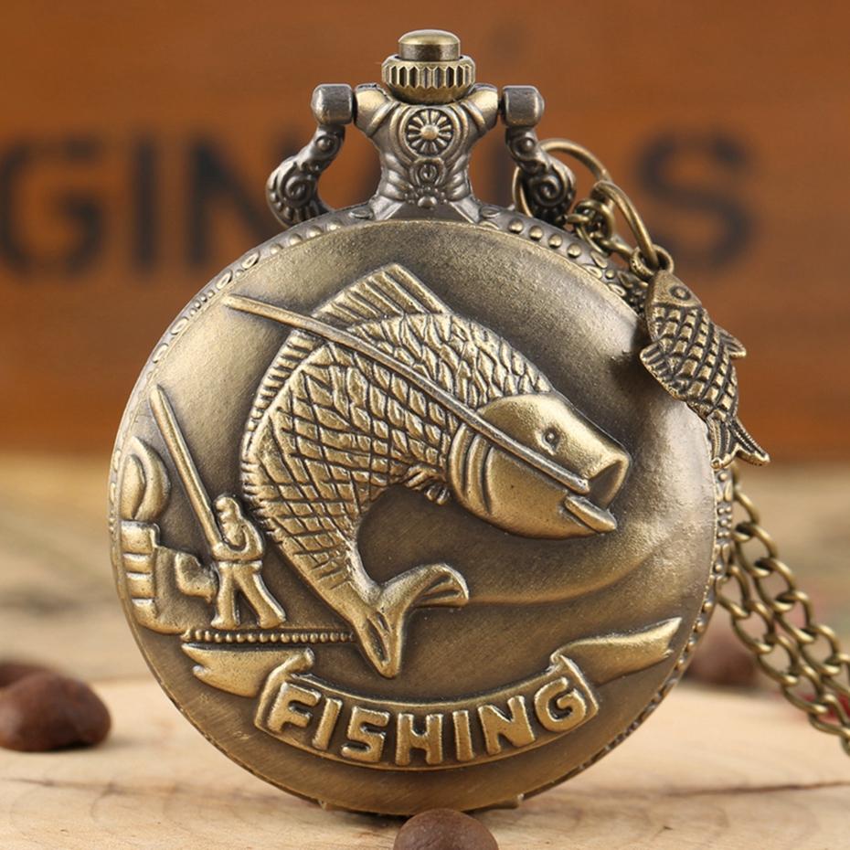 

Vintage Bronze Fishing Pattern With Necklace Pendant Quartz Pocket Watch Gift Clock For Men Mlae Women Kids Relogio Saati бронзовий