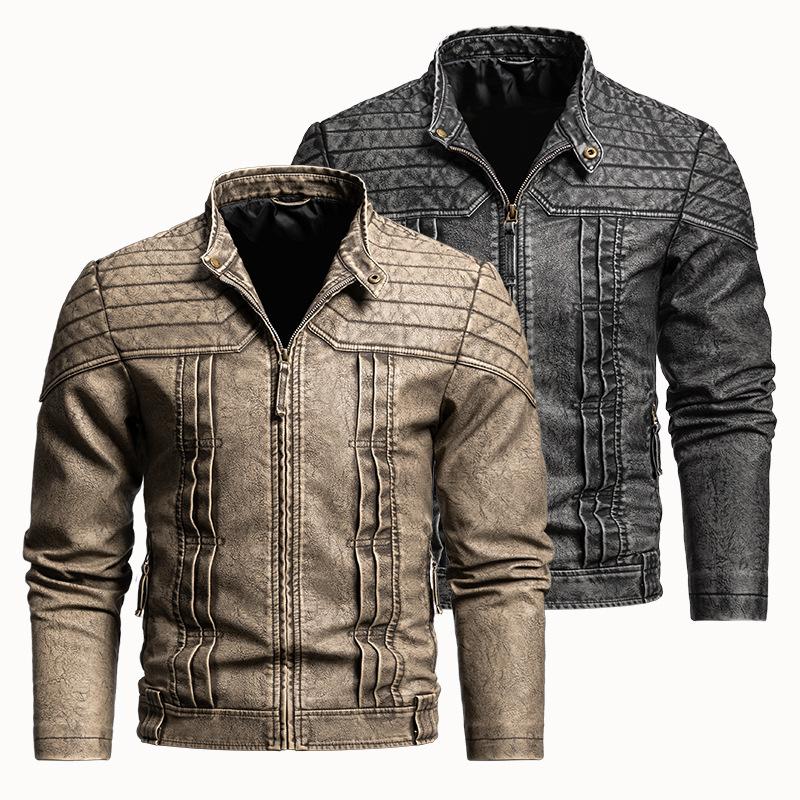 New men's leather jacket autumn and winter locomotive PU jacket, hot-selling in Europe and America, retro men's stand-up collar trendy brand men's c