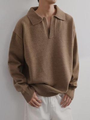 2025 Korean Minimalist Men's V-Neck Polo Collar Knit Sweater, Autumn/Winter Style