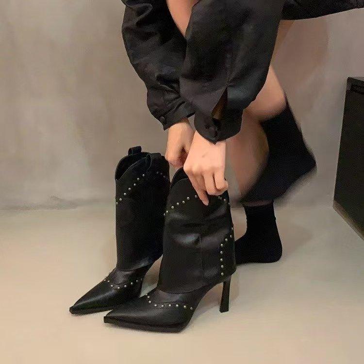 Fashion Vintage Rivet Women Western Cowgirl Boots Fashion Slip On Shoes Autumn Winter High Heel Women's Knight Short Booties 2025