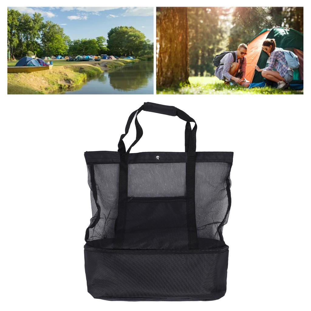 Black Mesh Beach Bag Insulated Zip Closure 2 Handles Reusable Lunch Bag for Picnic Camping