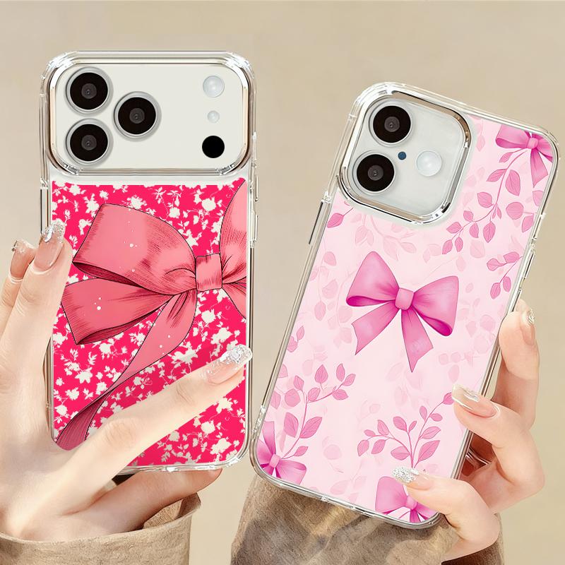 Cute Cartoon Bowknots Print Case For iPhone 17 Pro Max iPhone 16 15 14 13 Pro Max 11 17e 16e Plating Lens Frame Clear Soft Silicone Back Cover