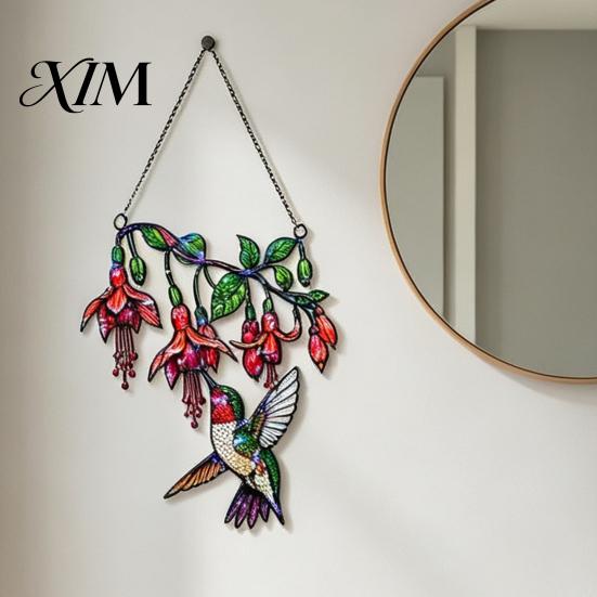 Decorative Gift for Gardening Enthusiasts Hummingbird Window Hanging Pendant, Acrylic Stained Glass Style Suncatcher Home Garden Balcony Decoration,