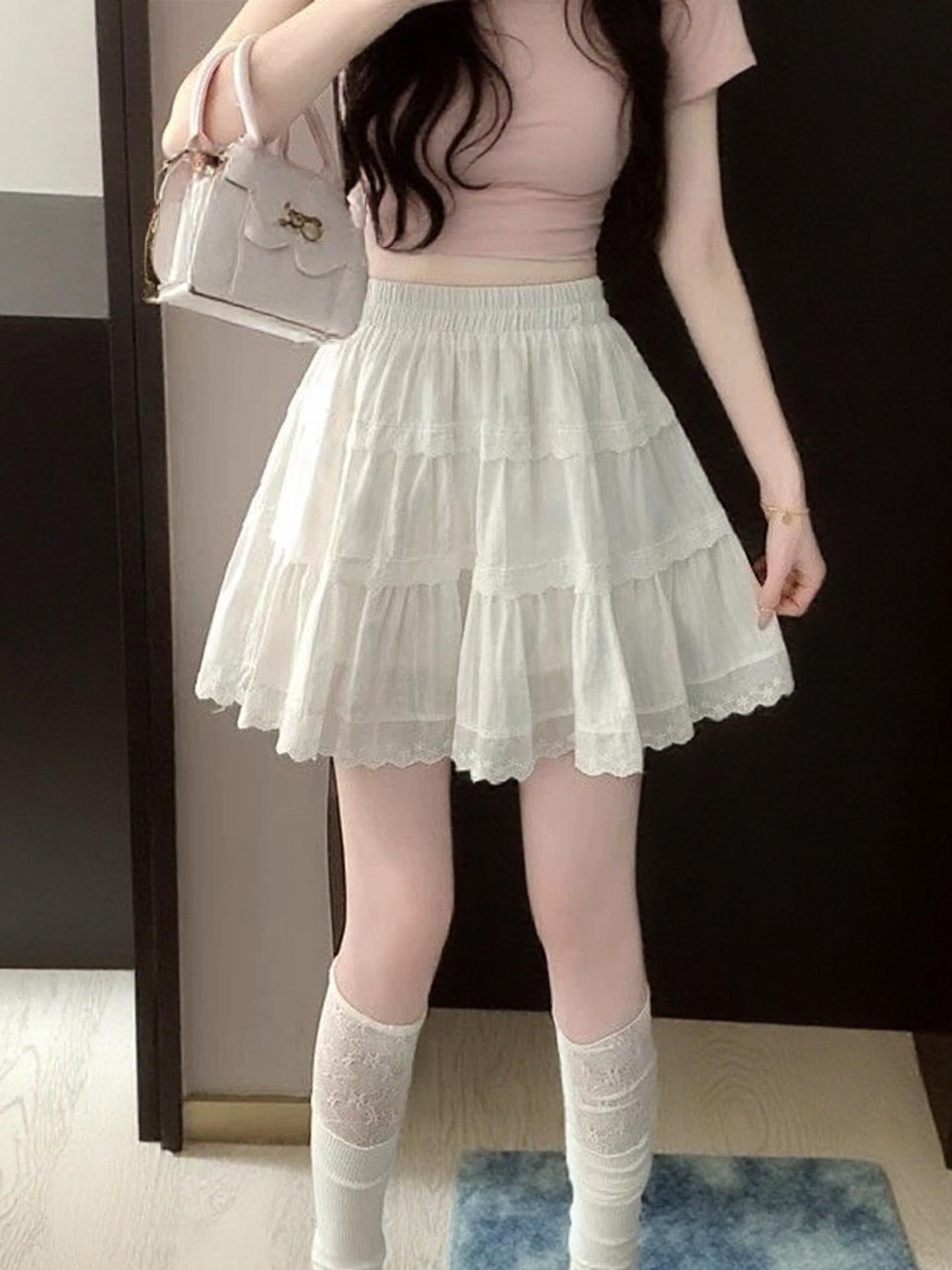 2026 Summer Petite French White A-line Layered Ballet Skirt for Women One Size белый