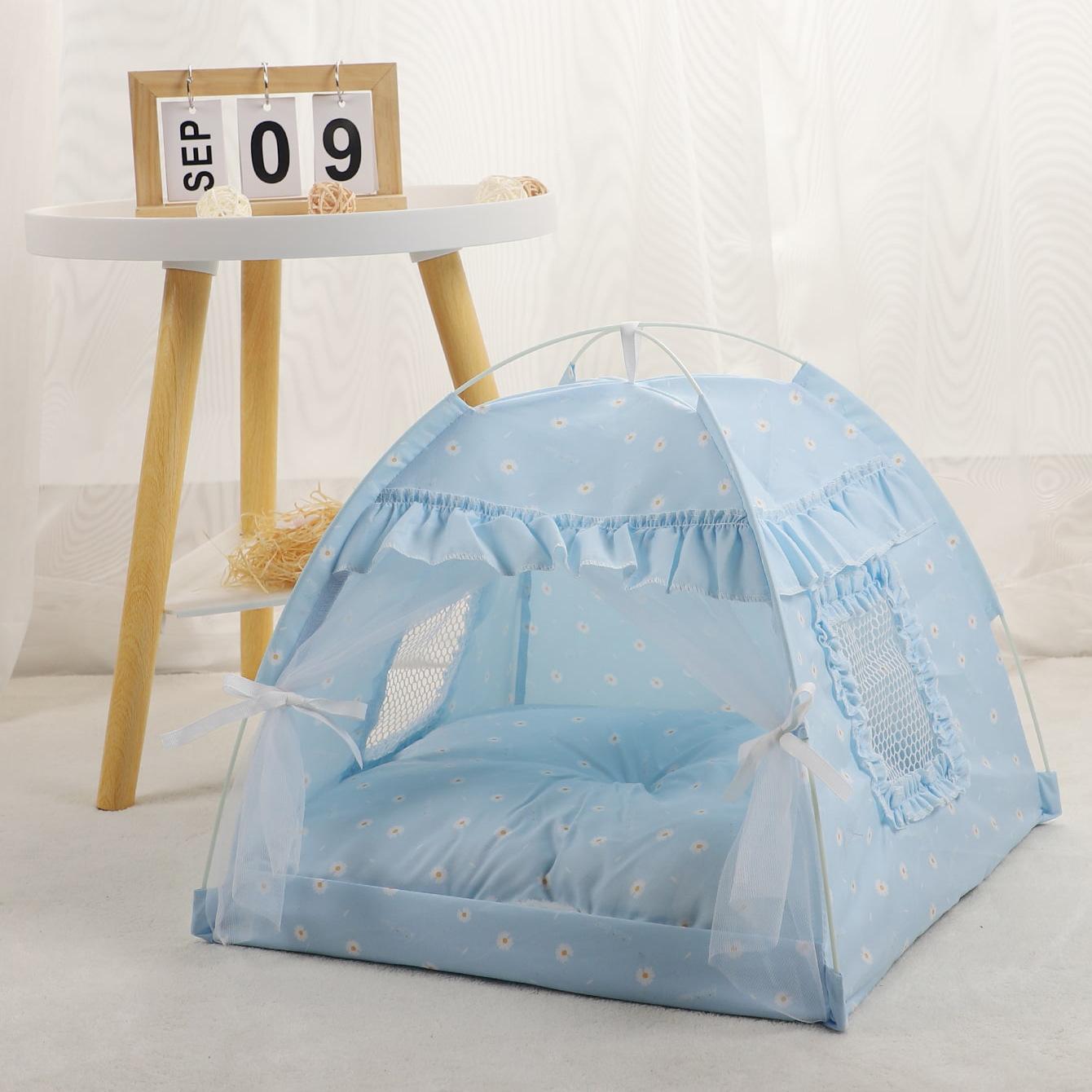 

Летняя полузакрытая палатка для домашних животных, дышащая будка для кошек, будка для кошек, синяя палатка с цветочным узором, складная S: 35 * 35CM